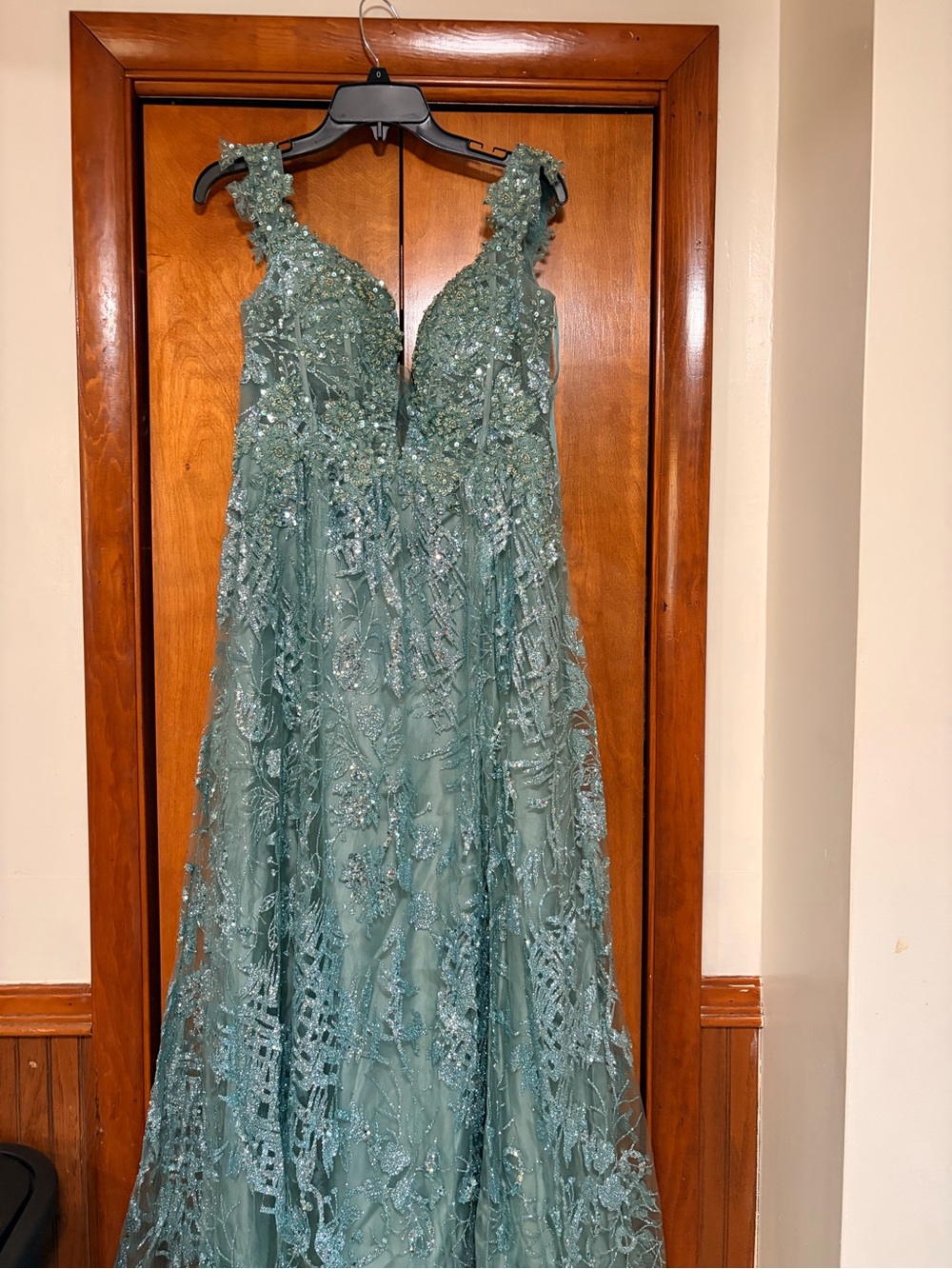 Beaded V-Neck Prom Gown in Seafoam